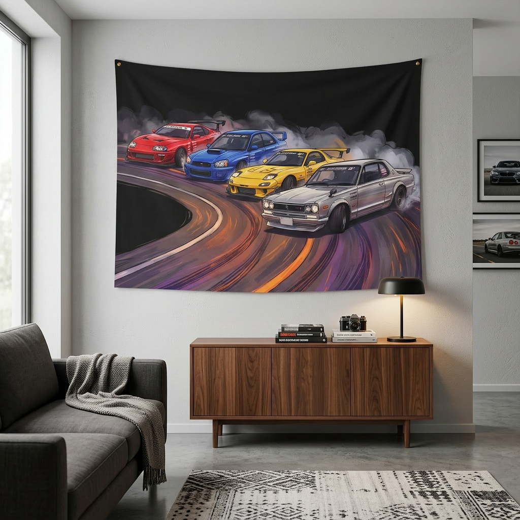 Toyota Supra RX-7 Skyline Subaru Impreza JDM Drift Car Wall Art Tapestry